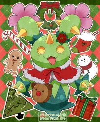  :d argyle_background bow box candy candy_cane capelet christmas_stocking christmas_tree christmas_wreath flower food fur_trim gift gift_box gingerbread_man green_background hachimituzuke highres maractus poinsettia pokemon pokemon_(creature) red_background red_bow red_capelet smile snowman solo twitter_username wreath yellow_eyes 