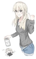  1girl beer_can black_sweater blue_shorts breasts can commentary drink_can earclip girls_band_cry grey_eyes grey_hair hair_between_eyes hashtag-only_commentary holding holding_can kawaragi_momoka long_hair medium_breasts multicolored_hair multiple_views n_nai_nai_n open_mouth pinky_out roots_(hair) shikai_no_sumi_kuchiru_oto shorts simple_background sweater white_background 