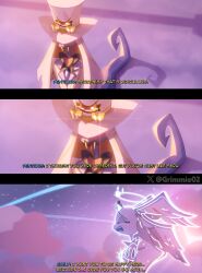  1boy 1girl absurdres bow bowtie brown_bow brown_bowtie crying emily_(hazbin_hotel) english_text extra_eyes fangs grimmie02 halo hat hazbin_hotel head_wings hellaverse highres jacket lamia long_hair monster_girl multiple_wings outdoors puffy_short_sleeves puffy_sleeves seraph short_sleeves subtitled tearing_up tears teeth top_hat trembling upper_teeth_only white_hair white_hat white_jacket wings 