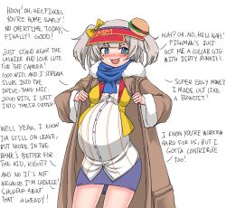  1girl absurdres blue_eyes blue_scarf blush burger burger_hair_ornament coat commentary deculture employee_uniform english_commentary english_text eyebrows_hidden_by_hair fast_food_uniform feet_out_of_frame food food-themed_hair_ornament grey_hair hair_ornament head_bow highres looking_at_viewer marimari_(vtuber) phase_connect pregnant scarf short_hair skirt solo twintails virtual_youtuber visor_cap winter_clothes winter_coat 