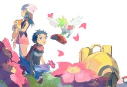  1boy 1girl akira_a_a alternate_form backpack bag beanie black_hair black_socks blue_eyes blue_hair blush breasts buizel closed_mouth flower flying gracidea green_fur hair_ornament hairclip hat highres hikari_(pokemon) holding holding_pokemon holding_unworn_clothes holding_unworn_hat long_hair lucas_(pokemon) open_mouth pants pink_skirt pokemon pokemon_(creature) pokemon_dppt red_hat scarf shaymin shaymin_(sky) shirt short_hair skirt sleeveless smile socks two-tone_fur unworn_hat unworn_headwear white_hat yellow_bag 