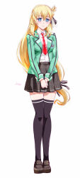  1girl agnes_claudel aramis_high_school_uniform artist_name black_socks blonde_hair blue_eyes braid bun_with_braided_base closed_mouth double-parted_bangs eiyuu_densetsu full_body hair_between_eyes hair_bun jacket kuro_no_kiseki_(series) kuro_no_kiseki_ii loafers long_hair long_sleeves looking_at_viewer low-tied_long_hair necktie over-kneehighs red_necktie school_uniform shoes single_side_bun skirt smile socks solo tachi-e thigh-highs very_long_hair xiacheng_tatsuya 