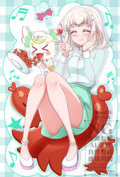  1girl bare_legs between_legs blonde_hair blunt_bangs blush closed_eyes closed_mouth diagonal-striped_background eating finger_gun food fork full_body gingham_background green_shirt hair_ornament hairpin hand_on_own_face hanzou heart_stick highres holding holding_fork idol kimi_to_idol_precure lightstick loafers long_sleeves mature_female miniskirt musical_note octopus_sausage_earrings precure purirun_(civilian)_(precure) purirun_(fairy)_(precure) purirun_(precure) sausage see-through_clothes see-through_shirt see-through_sleeves shirt shoes sitting_on_food skirt solo striped_background stuffed_animal stuffed_toy twitter_username watermark 