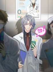  ! 1girl 2boys absurdres ahoge artist_request black_shirt closed_eyes coat commentary doctor english_commentary grey_hair hat highres holding holding_phone honkai_(series) honkai_impact_3rd hospital indoors long_hair male_focus mask mouth_mask multiple_boys necktie nurse nurse_cap phone red_necktie second-party_source shirt smile su_(honkai_impact) white_coat 