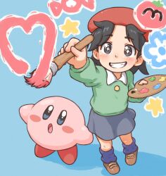 1girl 1other adeleine beachepisode beret black_eyes black_hair blush grey_skirt grin hal_laboratory_inc. hat highres holding holding_paint_palette holding_paintbrush kirby kirby_(series) kirby_64 long_sleeves maxim_tomato nintendo open_mouth paint_palette paintbrush painting_(action) parted_bangs red_hat short_hair skirt smile teeth