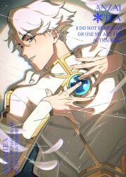  1boy anzaitea artist_name blue_eyes broken_glass cape commentary english_commentary glass highres looking_at_viewer male_focus nice_(to_be_hero_x) short_hair solo teeth to_be_hero to_be_hero_x upper_body watermark white_cape white_hair 