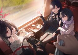  1boy 4girls absurdres alternate_costume alternate_hairstyle black_pantyhose black_shirt blue_archive blush chopsticks closed_eyes closed_mouth covering_own_mouth denim denim_skirt food_in_mouth hair_behind_ear hair_between_eyes hair_ornament hair_over_one_eye hairclip halo hasumi_(blue_archive) head_on_another&#039;s_shoulder highres holding holding_another&#039;s_arm holding_bento holding_chopsticks ichika_(blue_archive) jacket justice_task_force_(blue_archive) jw_(wrdawrda) long_hair looking_at_viewer mashiro_(blue_archive) multiple_girls open_mouth pantyhose pencil_skirt pink_jacket ponytail pov purple_scarf red_eyes red_halo scarf shirt short_hair sidelocks sitting skirt sweatdrop sweater train_interior tsurugi_(blue_archive) white_sweater 