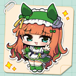  1girl :3 :d animal_ears apron blunt_bangs blush chibi chibi_only commentary_request drop_shadow ear_covers frilled_apron frilled_hairband frilled_skirt frills full_body green_eyes green_hairband green_jacket green_skirt green_socks green_streaks hairband hand_up highres horse_ears horse_girl horse_tail jacket jersey_maid long_hair long_sleeves looking_at_viewer maid marimarimo multicolored_hair open_mouth orange_hair outline shoes silence_suzuka_(umamusume) skirt smile socks solo sparkle standing streaked_hair tail track_jacket umamusume unconventional_maid very_long_hair white_apron white_outline white_shoes yellow_background 