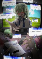  1girl 1other absurdres bare_shoulders blush boxcutter commentary_request computer_mouse detached_sleeves error_message frog_hair_ornament green_eyes green_hair hair_between_eyes hair_ornament hair_tubes highres kochiya_sanae long_hair monitor ninzin_88hon open_mouth pill pov reaching reaching_towards_viewer shirt single_hair_tube sleeveless sleeveless_shirt snake_hair_ornament table touhou translation_request white_shirt yukkuri_shiteitte_ne 