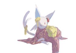  animal_focus animal_hands closed_eyes clothed_pokemon draw_pann33 espeon espeon_(pokebuki) flower forehead_jewel forked_tail full_body hair_ornament highres japanese_clothes kimono lying no_humans pink_kimono pokemon pokemon_(creature) pokemon_unite purple_fur red_flower ribbon sash simple_background solo tail white_background yellow_ribbon yellow_sash 