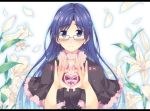  1girl blue_eyes blue_hair blush cute_&amp;_girly_(idolmaster) flower glasses hamayumiba_sou idolmaster kisaragi_chihaya lily_(flower) long_hair petals 