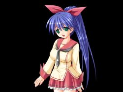  1girl 2000s_(style) black_background blue_hair bow breasts collarbone cowboy_shot frilled_skirt frills green_eyes grey_neckerchief hair_between_eyes hair_bow honoo_no_haramase_tenkousei_ue huge_breasts long_hair long_sleeves looking_at_viewer misaki_wakana miyasu_risa neckerchief open_hands open_mouth pink_bow pink_sailor_collar pink_skirt pleated_skirt ponytail sailor_collar school_uniform serafuku shirt simple_background skirt smile solo standing tachi-e variant_set very_long_hair yellow_serafuku 