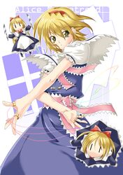  alice_margatroid blonde_hair capelet character_name doll green_eyes hairband knife long_hair puppet_strings rainbow_gradient sash short_hair solo touhou uemukai_dai uemuki uwamuki x_arms |_| 