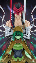  1boy 1girl absurdres adventure_time bandaged_arm bandages black_hair black_mask branch brown_cape brown_gloves brown_hat cape closed_mouth colored_sclera colored_skin commentary_request crossover domino_mask dual_wielding gat_(hat) gloves glowing glowing_eye green_eyes green_sclera green_skin hat highres holding holding_sword holding_weapon huntress_wizard league_of_legends long_hair looking_at_viewer mask muscular muscular_male plant_hair red_eyes red_mask scar scar_on_face shin_(ultramarine430) sword topless_male weapon yone_(league_of_legends) 