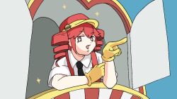  +_+ 1girl black_necktie collared_shirt commentary_request drill_hair gloves hat kamemaru91 kasane_teto looking_at_viewer mcdonald&#039;s mesmerizer_(vocaloid) necktie open_mouth parody red_eyes red_hair red_hat shirt short_hair short_sleeves solo sparkle twin_drills upper_body utau white_shirt window yellow_gloves 