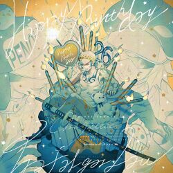  3boys arm_tattoo bare_shoulders birthday birthday_cake cake character_name chest_tattoo denim english_commentary food full_body happy_birthday hat heart_pirates_jolly_roger jeans male_focus multiple_boys one_piece pants penguin_(one_piece) shachi_(one_piece) short_hair sitting sparkle stuffed_animal stuffed_toy sunglasses sword tank_top tattoo teddy_bear trafalgar_law twitter_username upper_body weapon yum_xoxo_yum 