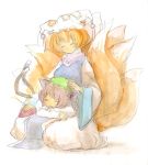  animal_ears blonde_hair brown_hair cat_ears cat_tail chen closed_eyes earrings fox_tail hat jewelry lap_pillow multiple_girls multiple_tails ririvery short_hair sleeping tail tomo_(artist) touhou traditional_media watercolor watercolor_(medium) yakumo_ran 