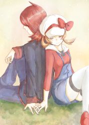  1boy 1girl arm_on_knee arm_rest asuka_rkgk back-to-back blue_suspenders bow brown_hair closed_eyes facing_away hair_over_one_eye hand_on_ground hat highres holding_hands hooded_shirt interlocked_fingers knee_up knees_up leaning_on_person light_blush lyra_(pokemon) newsboy_cap on_grass on_ground orange_hair pokemon pokemon_hgss red_bow red_shirt red_shoes red_sweater shirt shoes shorts silver_(pokemon) sleeping suspender_shorts suspenders sweater turning_head twintails white_hat yellow_background 