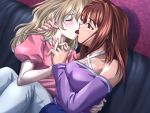  artist_request blonde_hair blush brown_eyes brown_hair character_request closed_eyes fingernails french_kiss halter_top halterneck interlocked_fingers jeans kiss multiple_girls mutual_yuri nail_polish sitting source_request yuri 