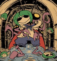  1girl antennae arthropod_girl black_cape blue_shorts cape claws colored_skin green_eyes green_hair highres horror_(theme) kevin_arthur mask mask_on_head monster_girl purple_skin sewer shirt shorts touhou water white_shirt wriggle_nightbug 