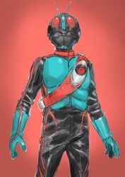  1boy armor cowboy_shot green_armor helmet highres kamen_rider kamen_rider_(1st_series) kamen_rider_1 kamen_rider_zeztz_(series) kuppipi_ramutarou male_focus red_background red_eyes rider_belt simple_background solo typhoon_(kamen_rider) 