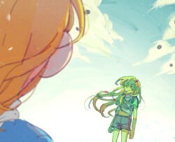  2boys adventure_time blonde_hair colored_skin fern_(adventure_time) finn_the_human flower hair_flower hair_ornament long_hair male_focus meme3487486938 monster_boy multiple_boys plant_boy shirt shorts t-shirt 