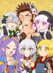  1boy 5girls beard blonde_hair blue_eyes blush brown_hair chest epaulettes facial_hair fate/grand_order fate_(series) ibaraki_douji_(fate/grand_order) jack_the_ripper_(fate/apocrypha) jeanne_d&#039;arc_(fate)_(all) jeanne_d&#039;arc_alter_santa_lily long_sleeves looking_at_viewer multiple_girls napoleon_bonaparte_(fate/grand_order) nursery_rhyme_(fate/extra) pants paul_bunyan_(fate/grand_order) pectorals purple_hair scar shitappa simple_background smile violet_eyes white_hair wu_zetian_(fate/grand_order) 