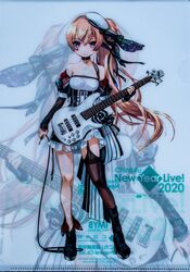  1girl alternate_costume alternate_hairstyle bare_shoulders bass_guitar black_footwear black_gloves black_legwear black_skirt boots breasts brown_eyes cable choker collarbone dress elbow_gloves electric_guitar full_body gloves guitar hair_ornament hair_ribbon high_heel_boots high_heels highres holding holding_instrument idol instrument johnston_(kantai_collection) kantai_collection light_brown_hair long_hair medium_breasts off-shoulder_dress off_shoulder official_art pleated_skirt ribbon scan scan_artifacts shirt side_ponytail single_elbow_glove single_glove single_thighhigh skirt solo thigh-highs two_side_up zeco 