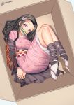  1girl absurdres asa_no_ha_(pattern) bamboo bit_gag black_haori checkered_obi female fingernails forehead gag haori highres japanese_clothes kamado_nezuko kimetsu_no_yaiba kimono konishi_(565112307) looking_at_viewer mouth_hold multicolored_hair pink_eyes pink_kimono pink_ribbon ribbon sharp_fingernails solo tabi 