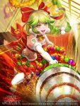  1girl :d artist_name bow braid breasts christmas company_name copyright_name drill elbow_gloves furyou_michi_~gang_road~ gloves gold_trim green_eyes green_hair hair_bow highres indoors long_hair low-tied_long_hair midriff neck_bell official_art open_mouth red_bow red_carpet red_skirt skirt skull_print small_breasts smile sparks stairs standing standing_on_one_leg tajima_yukie tattoo thigh-highs twisted_torso watermark white_gloves white_legwear 