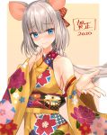  1girl 2020 animal_ears bare_shoulders blue_eyes breasts collarbone commentary_request detached_sleeves floral_print hand_up highres japanese_clothes kimono kinokorec large_breasts long_hair long_sleeves looking_at_viewer low_ponytail mouse_ears obi original sash sideboob silver_hair smile solo two-tone_background upper_body wide_sleeves yellow_kimono 