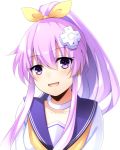  1girl :d bangs blush bow collarbone commentary_request d-pad d-pad_hair_ornament doria_(5073726) eyebrows_visible_through_hair hair_between_eyes hair_bow hair_ornament long_hair looking_at_viewer neckerchief nepgear neptune_(series) open_mouth ponytail purple_hair sailor_collar sidelocks simple_background smile solo upper_body violet_eyes white_background white_serafuku yellow_bow yellow_neckwear 