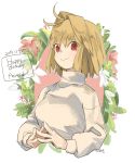  1girl ahoge arcueid_brunestud birthday blonde_hair breasts character_name closed_mouth dated flower hair_intakes hands_together happy highres long_sleeves medium_breasts melty_blood red_eyes short_hair smile solo sost_fgo sweater tsukihime turtleneck turtleneck_sweater vampire 