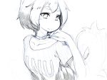  1girl clothes_writing collar collarbone flat_chest foreshortening fox_tail greyscale highres looking_to_the_side monochrome original shima_(sh1mamu) shirt signature sketch smile solo t-shirt tail twitter_username upper_body white_background 