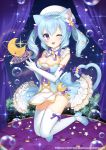  1girl animal_ears apple_caramel bangs bare_shoulders blue_eyes cat_ears cat_tail commentary_request crescent_moon dress elbow_gloves eyebrows_visible_through_hair gloves hair_between_eyes highres kneeling light_blue_dress light_blue_hair looking_at_viewer moon official_art one_eye_closed open_mouth original solo tail thigh-highs white_gloves white_legwear 