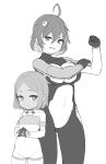  2girls age_difference ahoge bodysuit breasts coco_mercury dark_skin flat_chest greyscale grin hair_between_eyes height_difference highres large_breasts last_origin looking_at_viewer monochrome multiple_girls short_hair simple_background sizeaton smile spartoia white_background 