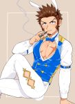  1boy abs animal_ears beard blue_eyes blush brown_hair chest cigar facial_hair fate/grand_order fate_(series) long_sleeves looking_at_viewer male_focus muscle napoleon_bonaparte_(fate/grand_order) open_clothes pants pectorals rabbit_ears scar shitappa sideburns simple_background smile smoking solo white_pants 