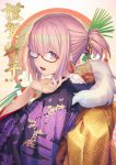  1girl 2020 alternate_costume bangs blush commentary_request eyebrows_visible_through_hair fate/grand_order fate_(series) fou_(fate/grand_order) glasses hair_ornament hair_over_one_eye japanese_clothes kimono looking_at_viewer mash_kyrielight open_mouth ponytail purple_kimono short_hair smile solo tef translation_request violet_eyes 