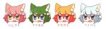  4girls 7th_dragon 7th_dragon_(series) :d alternate_eye_color alternate_hair_color animal_ear_fluff animal_ears bangs blue_eyes blush brown_eyes cat_ears eyebrows_visible_through_hair fang green_eyes green_hair hair_between_eyes hair_bobbles hair_ornament harukara_(7th_dragon) head_only highres multiple_girls naga_u one_side_up open_mouth orange_hair pink_hair silver_hair simple_background smile translated violet_eyes white_background 