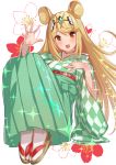  1girl animal_ears arm_up blonde_hair checkered checkered_kimono floral_background flower full_body gem geta green322 green_hakama hakama hand_on_own_chest highres mythra_(xenoblade) japanese_clothes kemonomimi_mode kimono long_hair long_sleeves looking_at_viewer mouse_ears obi open_mouth red_flower sash solo spread_fingers straight_hair tabi tiara very_long_hair white_flower white_legwear wide_sleeves xenoblade_(series) xenoblade_2 yellow_eyes yukata 