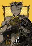  1boy animal artist_request bird black_gloves bokuto_koutarou collar feathered_wings flower gloves haikyuu!! holding holding_flower looking_at_viewer male_focus multicolored_hair owl parted_lips short_hair single_wing smile solo spiky_hair spot_color star tassel two-tone_hair upper_body wings yellow_eyes yellow_flower 