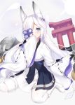  1girl absurdres animal_ears azur_lane blue_eyes boots commentary_request fox_ears hair_over_one_eye highres japanese_clothes kasumi_(azur_lane) kimidori3_karla long_hair long_sleeves looking_at_viewer seiza silver_hair simple_background sitting solo thigh-highs white_background white_legwear 