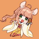  1girl :d ahoge animal_ear_fluff animal_ears bangs blush_stickers braid brown_background brown_hair chibi chinese_zodiac commentary eyebrows_visible_through_hair floral_print flower full_body green_eyes hair_flower hair_ornament honma_himawari japanese_clothes kimono long_hair long_sleeves mouse_ears nijisanji obi open_clothes open_mouth print_kimono red_flower sash simple_background sleeves_past_wrists smile solo sunflower_hair_ornament upper_teeth v v-shaped_eyebrows very_long_hair virtual_youtuber wide_sleeves yamabukiiro year_of_the_rat yellow_flower yellow_kimono 