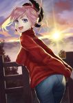  1girl asymmetrical_hair beppu_mitsunaka blue_eyes breasts clouds denim earrings fate/grand_order fate_(series) from_behind hair_ornament highres jeans jewelry large_breasts long_sleeves looking_back miyamoto_musashi_(fate/grand_order) mountainous_horizon outdoors pants pink_hair ponytail red_sweater sky solo sunrise sweater 