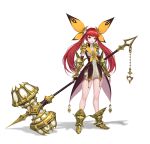  1girl armor bangs black_gloves bow breasts cheolseung_ok dress elbow_gloves fingerless_gloves full_body gloves gold_footwear green_eyes hair_ornament highres holding holding_hammer long_hair looking_at_viewer original redhead simple_background solo standing twintails white_background yellow_bow 