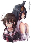  2girls back-to-back black_hair black_serafuku blue_eyes blush braid brown_hair closed_eyes closed_mouth detached_sleeves ebifurya hair_between_eyes hair_flaps hair_ornament hair_over_shoulder hairclip headgear highres japanese_clothes kantai_collection multiple_girls necktie red_neckwear remodel_(kantai_collection) school_uniform serafuku shigure_(kantai_collection) short_hair short_sleeves simple_background smile white_background yamashiro_(kantai_collection) 