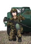  1girl absurdres anyan_(jooho) black_footwear black_hair blue_eyes boots camouflage camouflage_jacket camouflage_pants commentary_request full_body gloves grass gun hair_between_eyes helmet highres holding holding_weapon knee_pads korean_commentary long_sleeves looking_away looking_to_the_side military military_uniform military_vehicle one_knee open_mouth original pants pointing pointing_at_viewer rifle short_hair solo teeth tire uniform weapon weapon_request white_background 