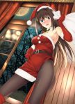  alternate_costume aozaki_aoko armpits bare_shoulders bare_tree belt blue_eyes blush boots breasts brown_hair curtains elbow_gloves embarrassed from_below full_moon gloves hat highres knee_boots large_breasts long_hair mahou_tsukai_no_yoru moon nose_blush open_window pantyhose reflection sack santa_costume santa_hat takai_isshiki tree window 