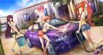  4girls ass bare_shoulders blue_eyes breasts brown_hair car car_wash commentary commission denim denim_shorts doki_doki_literature_club eyebrows_visible_through_hair green_eyes ground_vehicle hair_ornament hair_ribbon hairclip holding house large_breasts long_hair looking_at_viewer medium_breasts monika_(doki_doki_literature_club) motor_vehicle multiple_girls natsuki_(doki_doki_literature_club) open_mouth outdoors pink_eyes pink_hair purple_hair red_ribbon ribbon sayori_(doki_doki_literature_club) shirt short_hair short_shorts shorts smile takuyarawr two_side_up violet_eyes water white_shirt yuri_(doki_doki_literature_club) 