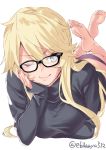  1girl alternate_costume ass bare_legs barefoot bespectacled black-framed_eyewear black_shirt blonde_hair blue_eyes breasts commentary ebifurya elbow_rest glasses hair_between_eyes hair_over_shoulder highres iowa_(kantai_collection) kantai_collection large_breasts lips long_sleeves looking_at_viewer lying messy_hair on_stomach one_eye_closed panties pink_panties shirt soles solo star star-shaped_pupils symbol-shaped_pupils symbol_commentary the_pose turtleneck twitter_username underwear 